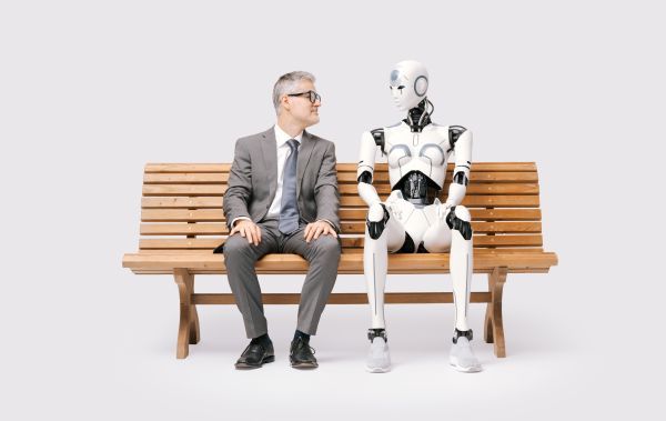 A man and a robot sitting on a bench facing each other